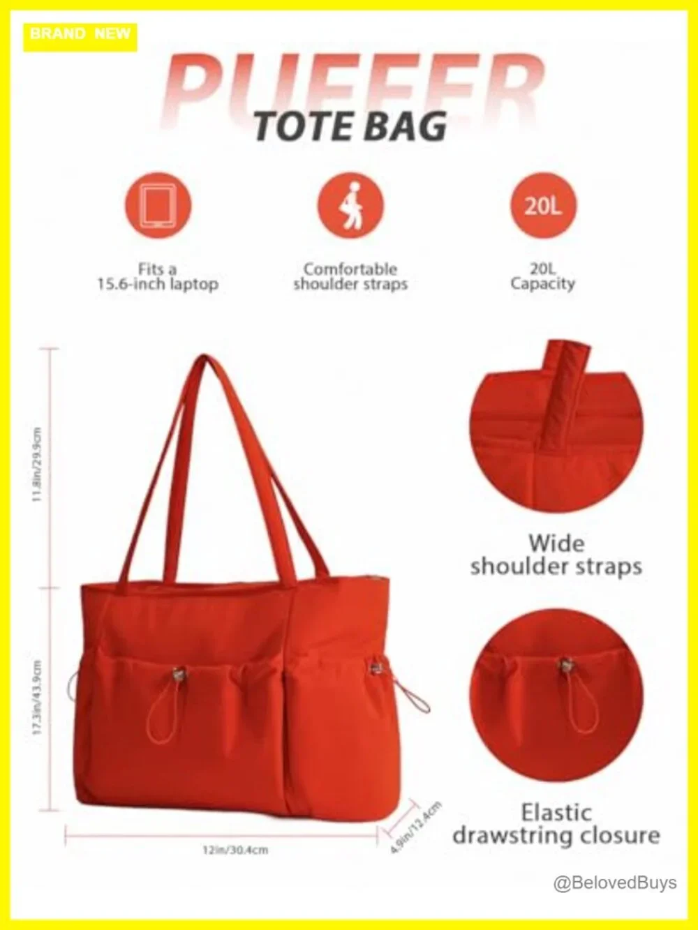Large Quilted Nylon Tote Bag, 20L, Lightweight, 2 Bottle Pockets, Travel, School